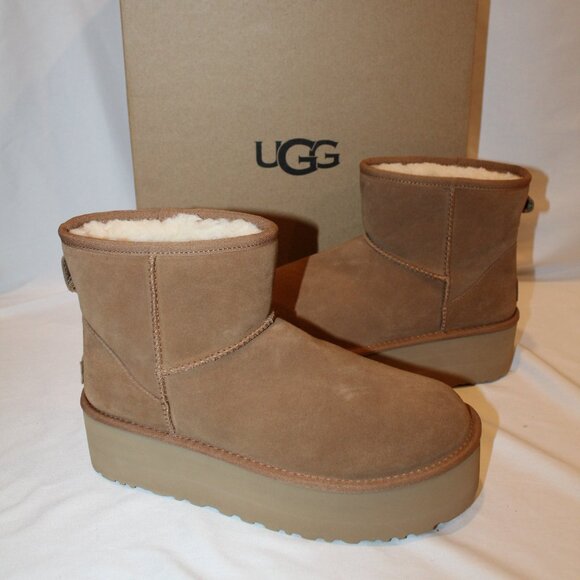 NIB UGG WOMEN'S MINI CHESTNUT PLATFORM SUEDE SHEARLING LINED ANKLE‎ BOOTS - Picture 1 of 8